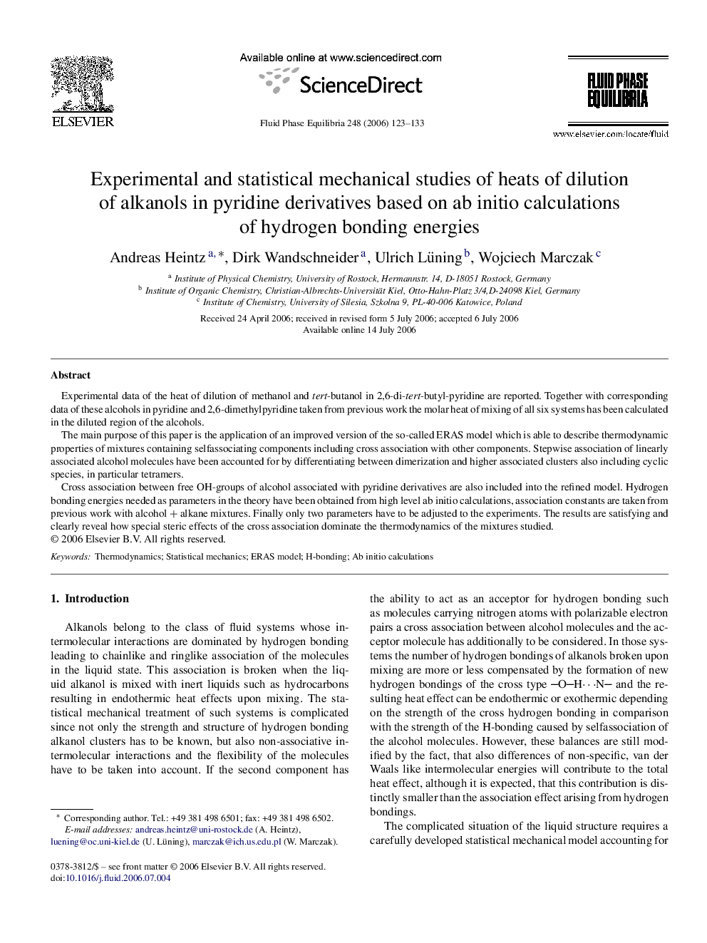 Experimental and statistical mechanical studies of heats of dilution of alkanols in pyridine derivatives based on ab initio calculations of hydrogen bonding energies