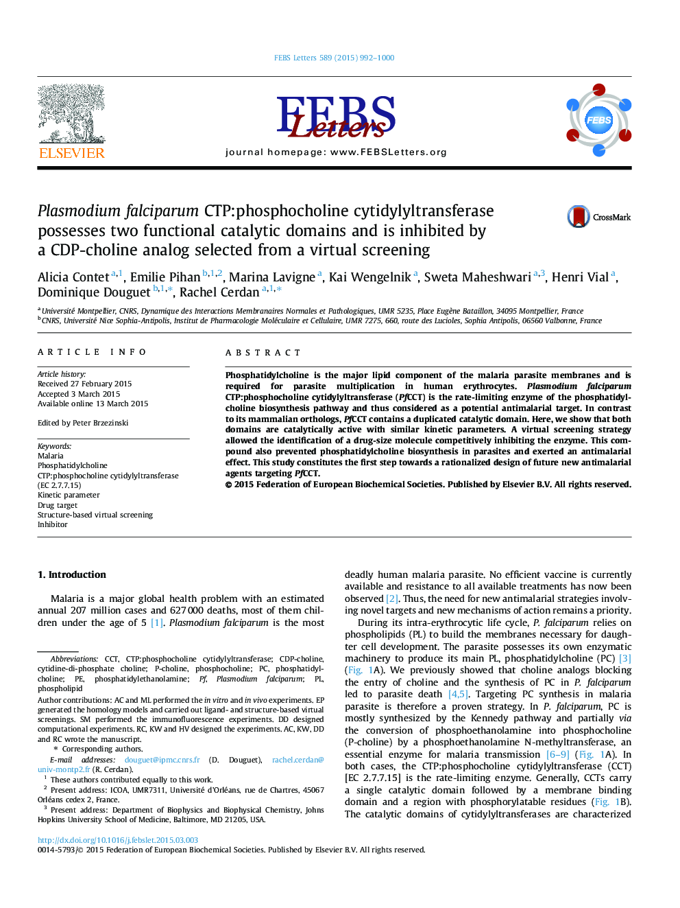 Plasmodium falciparum CTP:phosphocholine cytidylyltransferase possesses two functional catalytic domains and is inhibited by a CDP-choline analog selected from a virtual screening 