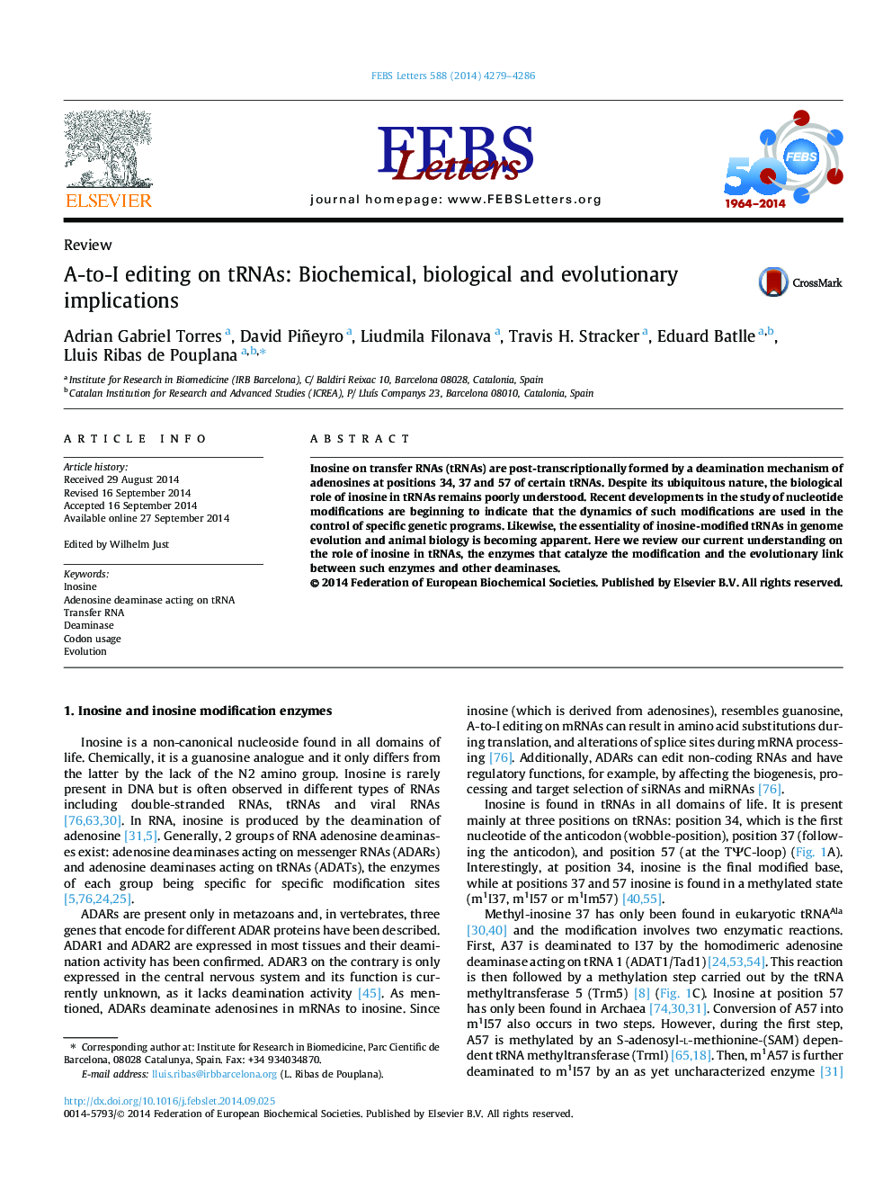 A-to-I editing on tRNAs: Biochemical, biological and evolutionary implications