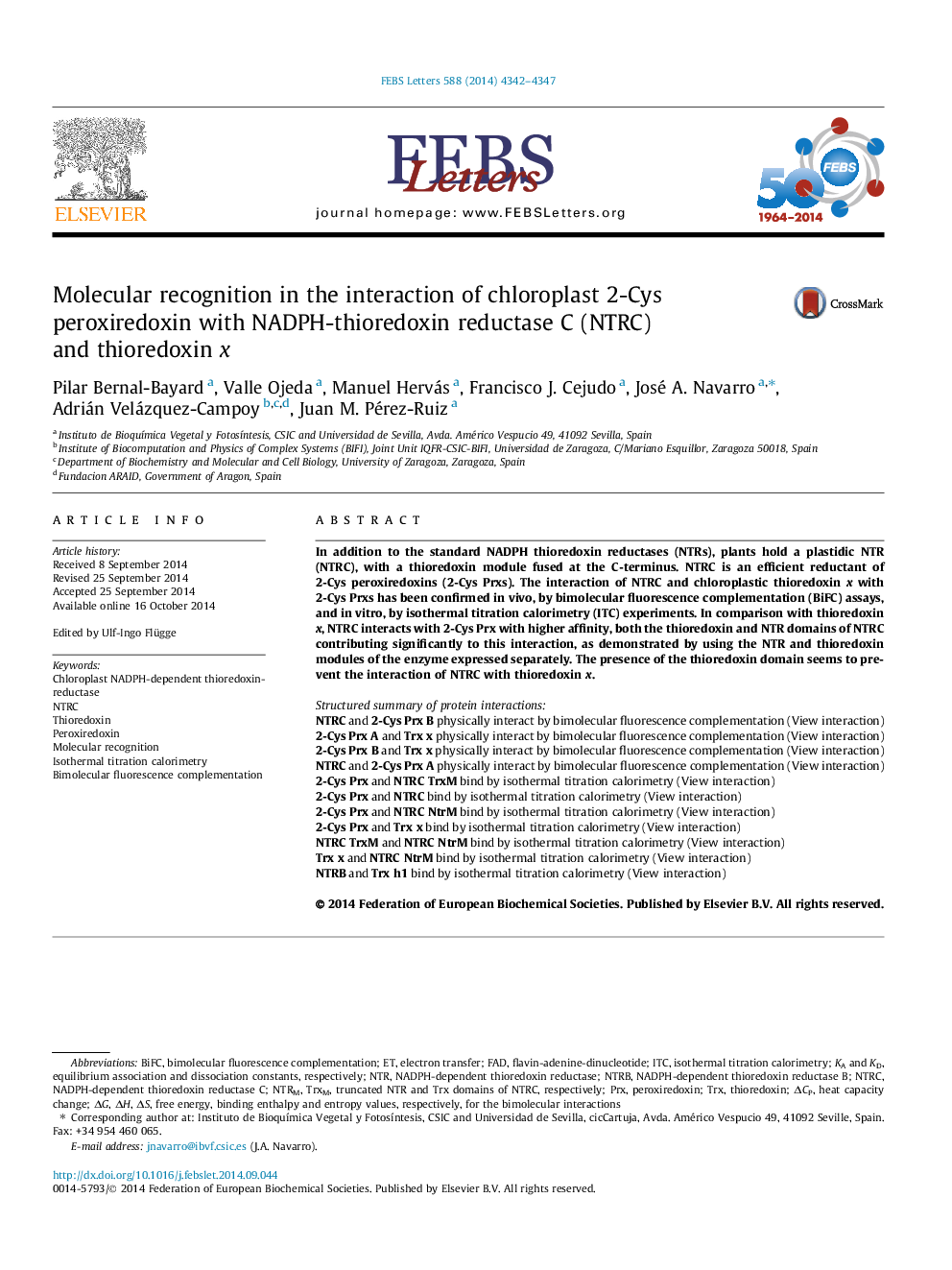 Molecular recognition in the interaction of chloroplast 2-Cys peroxiredoxin with NADPH-thioredoxin reductase C (NTRC) and thioredoxin x