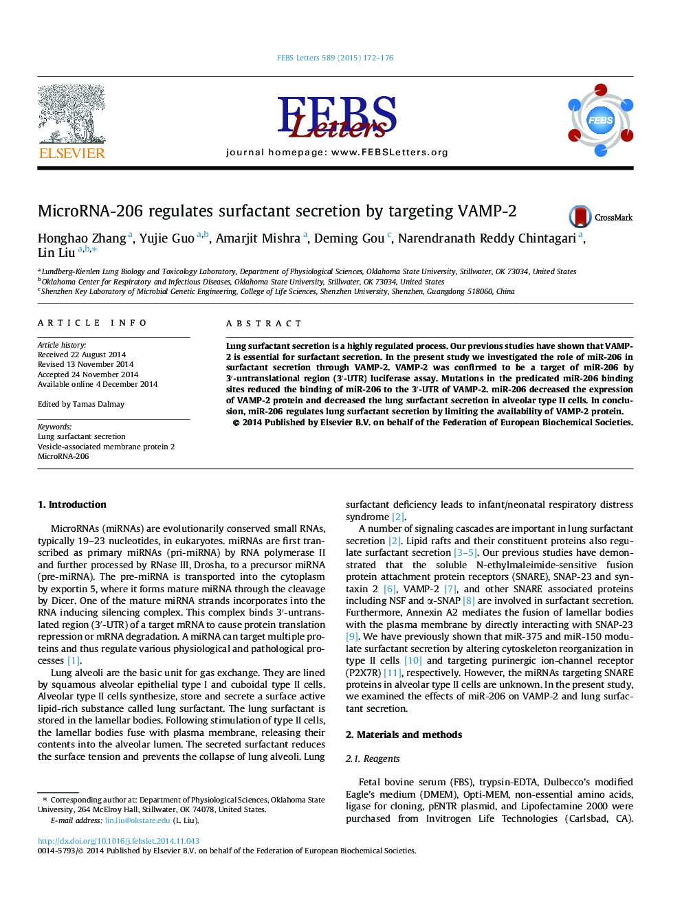 MicroRNA-206 regulates surfactant secretion by targeting VAMP-2