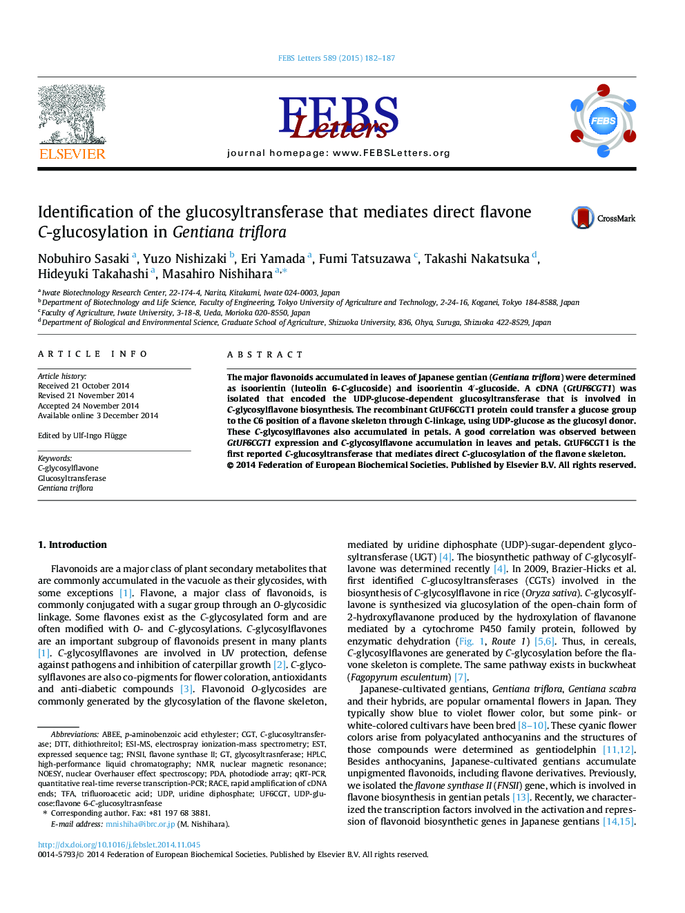 Identification of the glucosyltransferase that mediates direct flavone C-glucosylation in Gentiana triflora