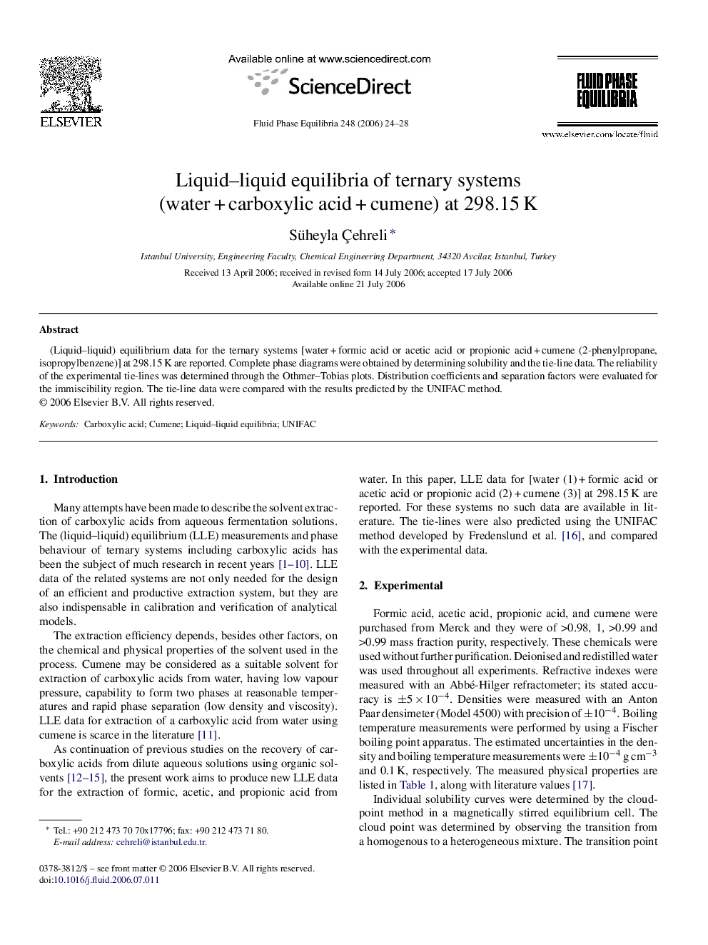 عکس صفحه اول مقاله: Liquid–liquid equilibria of ternary systems (water + carboxylic acid + cumene) at 298.15 K Liquid–liquid equilibria of ternary systems (water + carboxylic acid + cumene) at 298.15 K