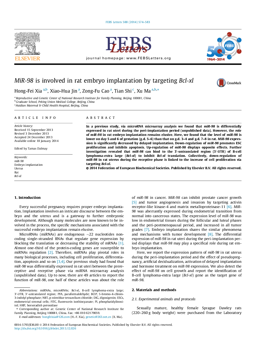 MiR-98 is involved in rat embryo implantation by targeting Bcl-xl