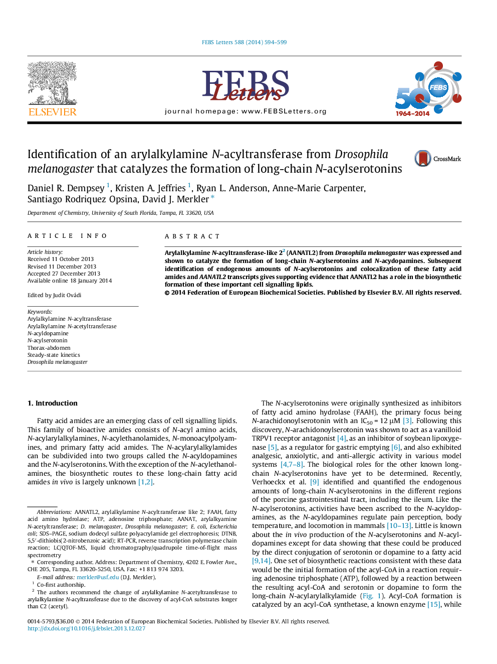 Identification of an arylalkylamine N-acyltransferase from Drosophila melanogaster that catalyzes the formation of long-chain N-acylserotonins