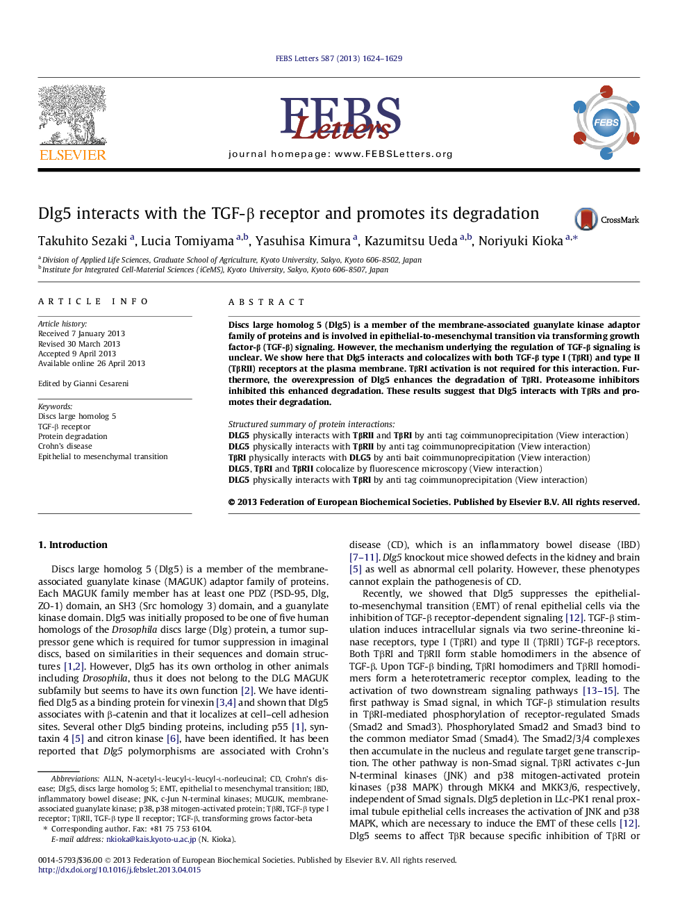 Dlg5 interacts with the TGF-β receptor and promotes its degradation