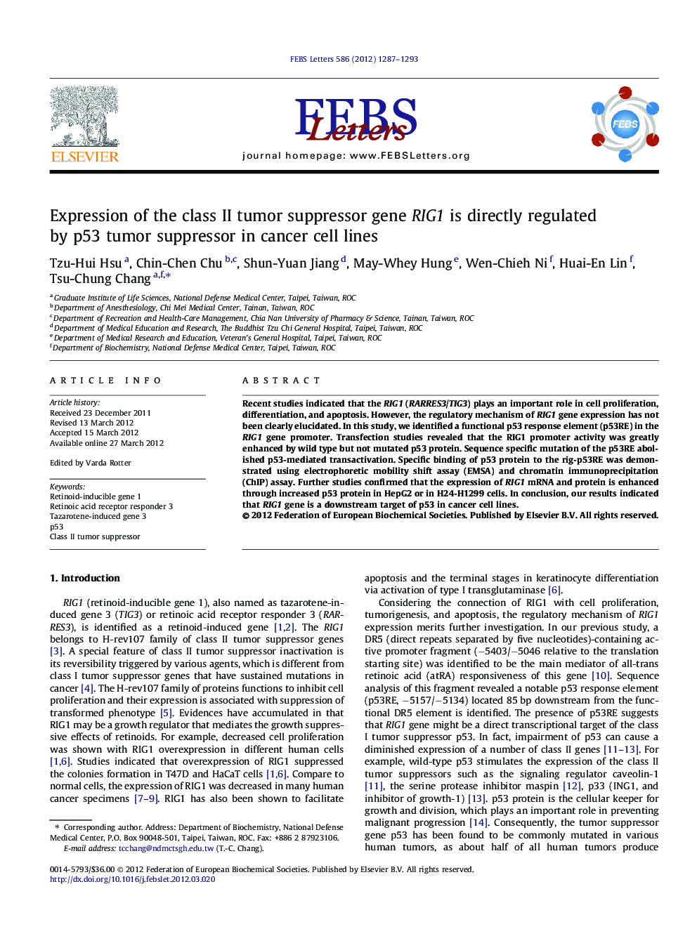 Expression of the class II tumor suppressor gene RIG1 is directly regulated by p53 tumor suppressor in cancer cell lines