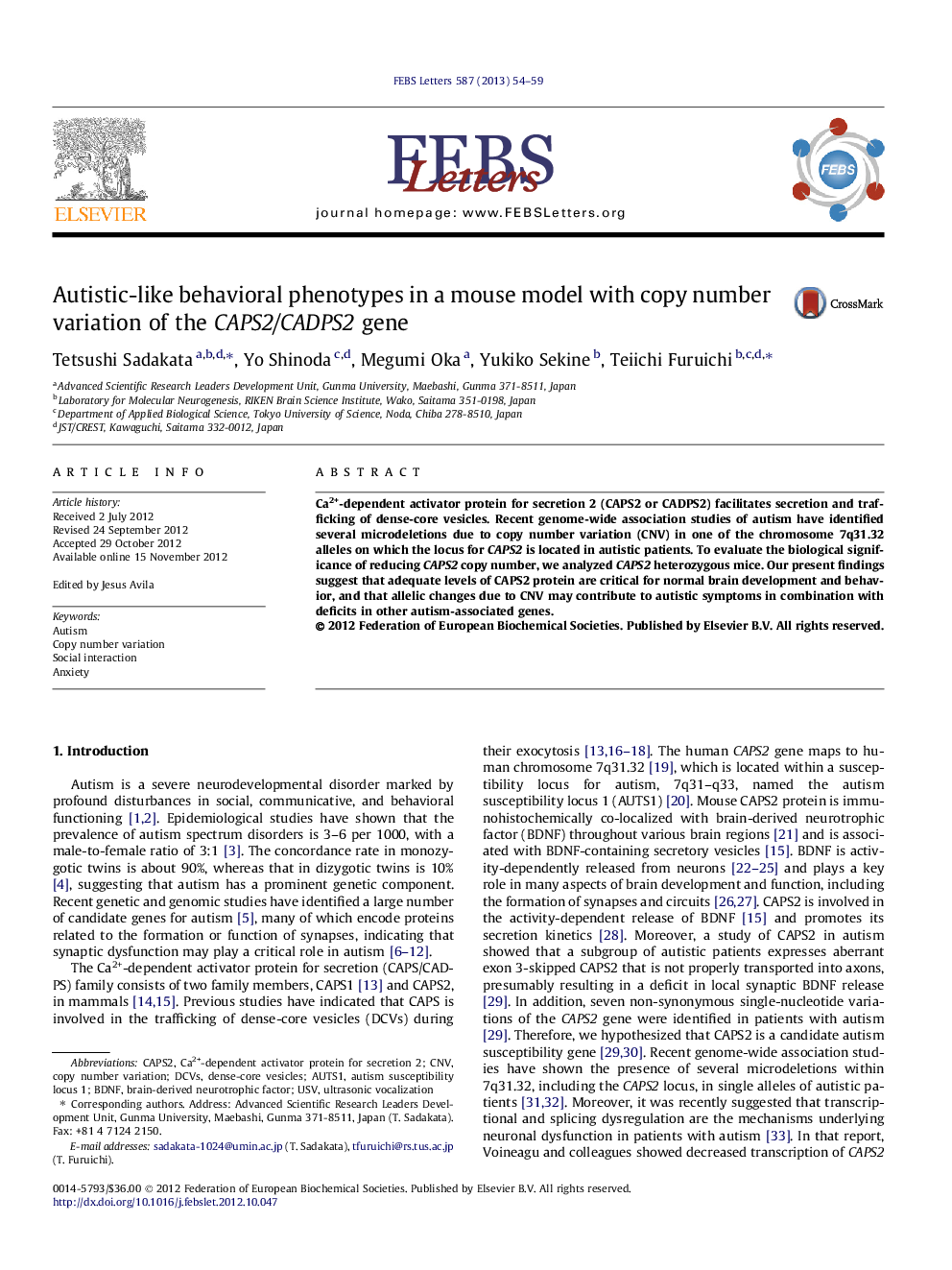 Autistic-like behavioral phenotypes in a mouse model with copy number variation of the CAPS2/CADPS2 gene