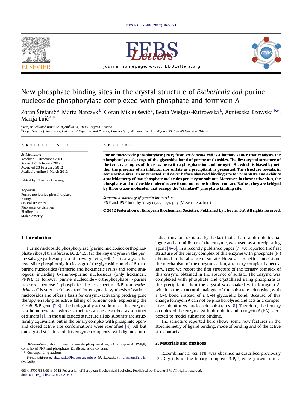 New phosphate binding sites in the crystal structure of Escherichia coli purine nucleoside phosphorylase complexed with phosphate and formycin A