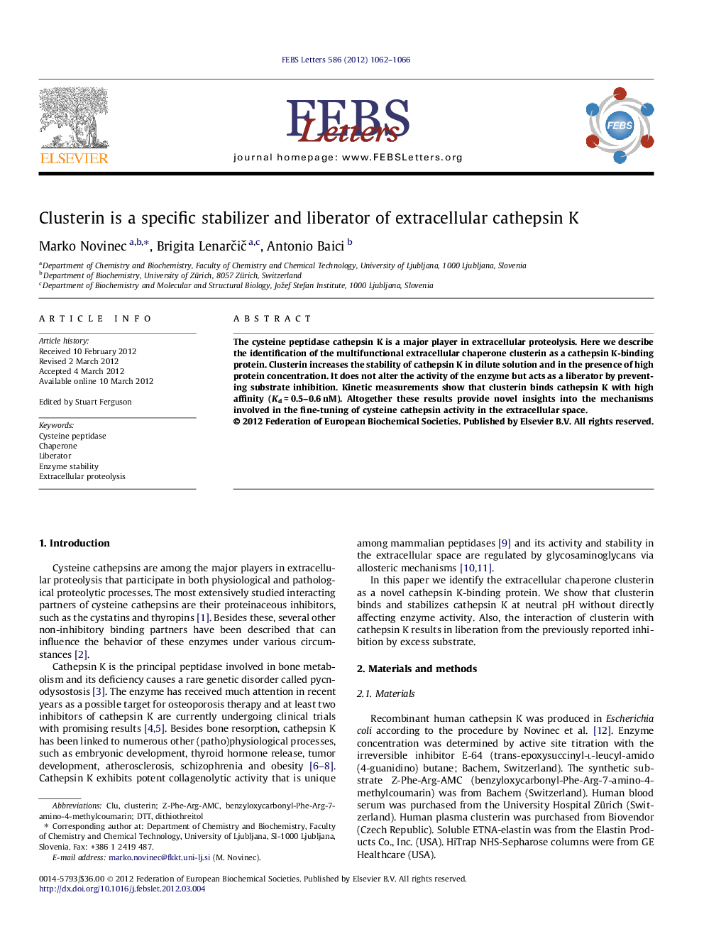 Clusterin is a specific stabilizer and liberator of extracellular cathepsin K