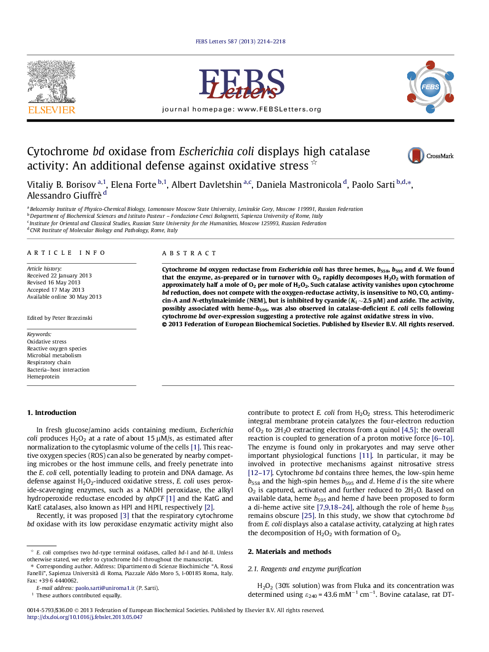 عکس صفحه اول مقاله: Cytochrome bd oxidase from Escherichia coli displays high catalase activity: An additional defense against oxidative stress Cytochrome bd oxidase from Escherichia coli displays high catalase activity: An additional defense against oxidative stress