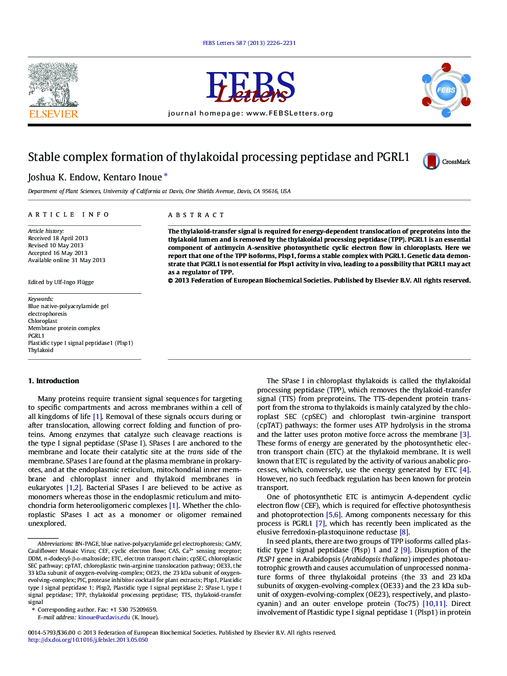 Stable complex formation of thylakoidal processing peptidase and PGRL1