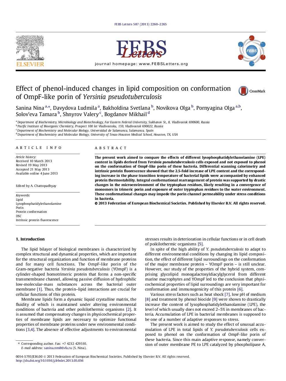 Effect of phenol-induced changes in lipid composition on conformation of OmpF-like porin of Yersinia pseudotuberculosis