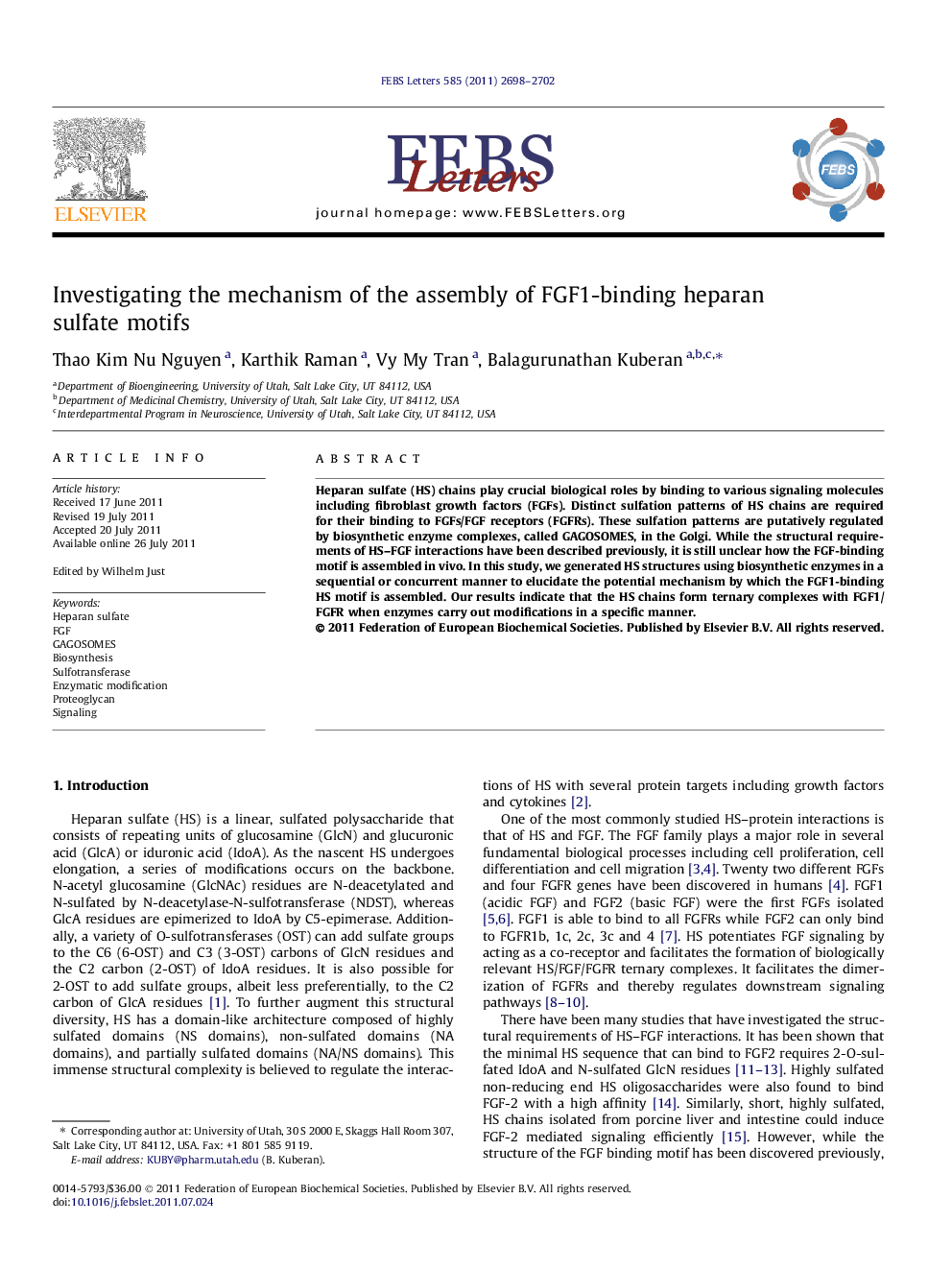 Investigating the mechanism of the assembly of FGF1-binding heparan sulfate motifs