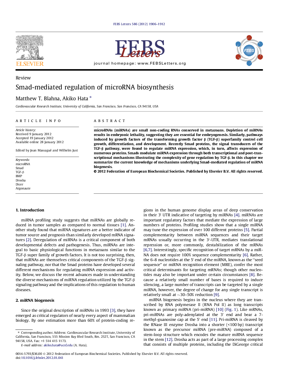 Smad-mediated regulation of microRNA biosynthesis