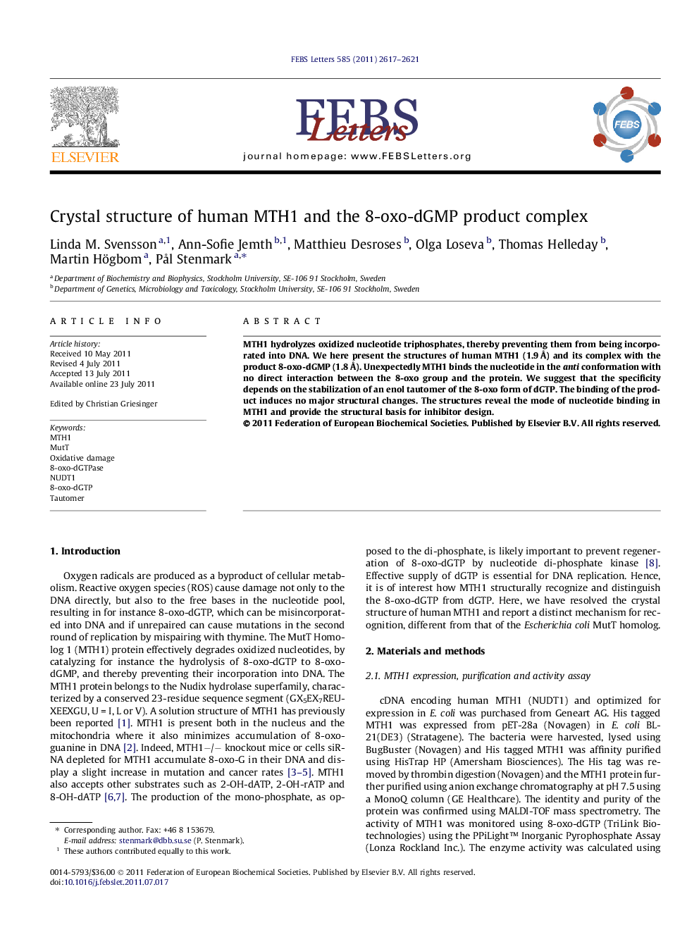 Crystal structure of human MTH1 and the 8-oxo-dGMP product complex