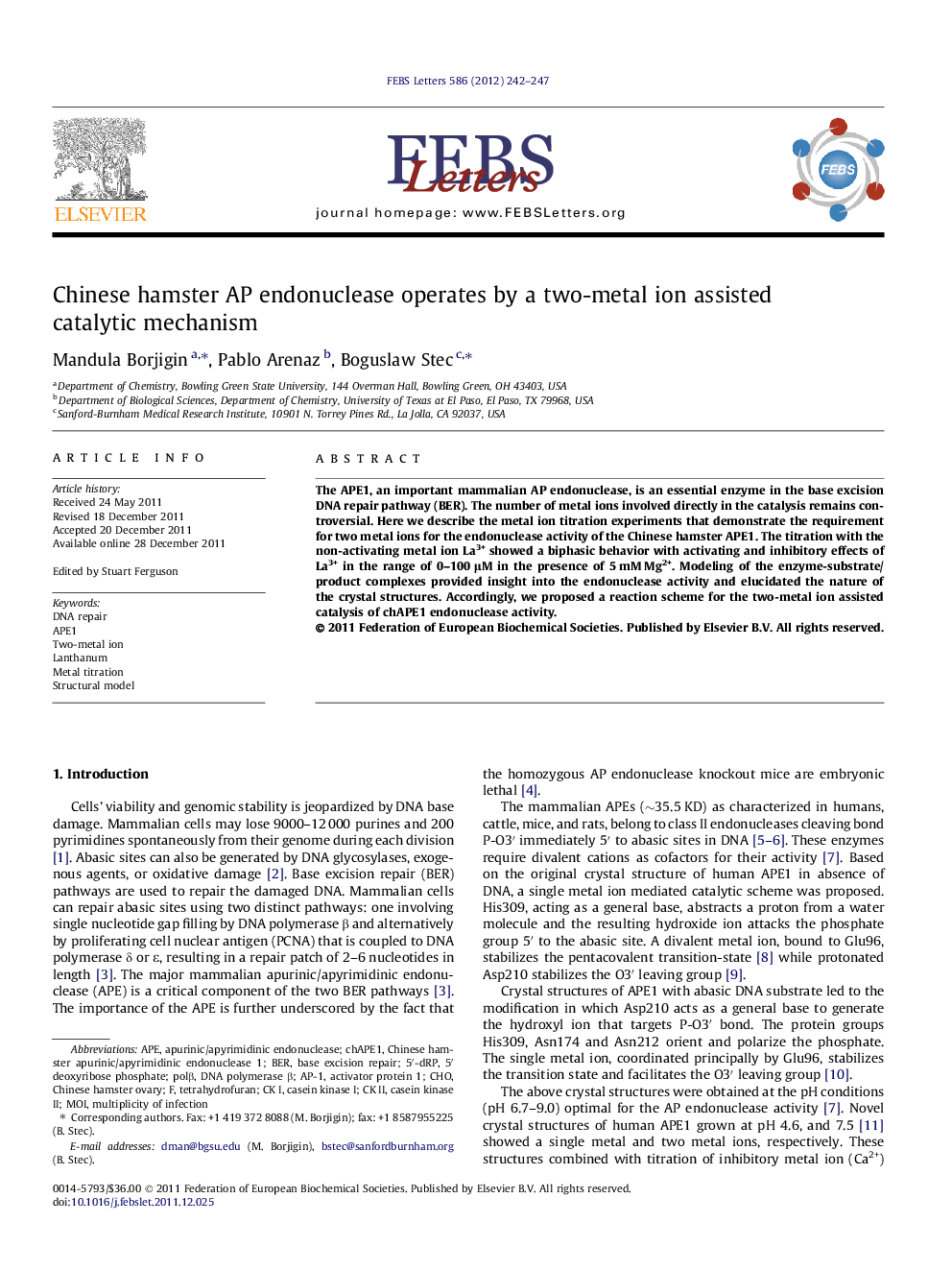 Chinese hamster AP endonuclease operates by a two-metal ion assisted catalytic mechanism