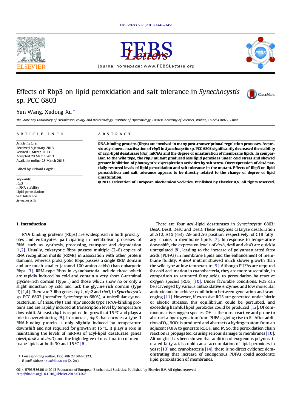 Effects of Rbp3 on lipid peroxidation and salt tolerance in Synechocystis sp. PCC 6803