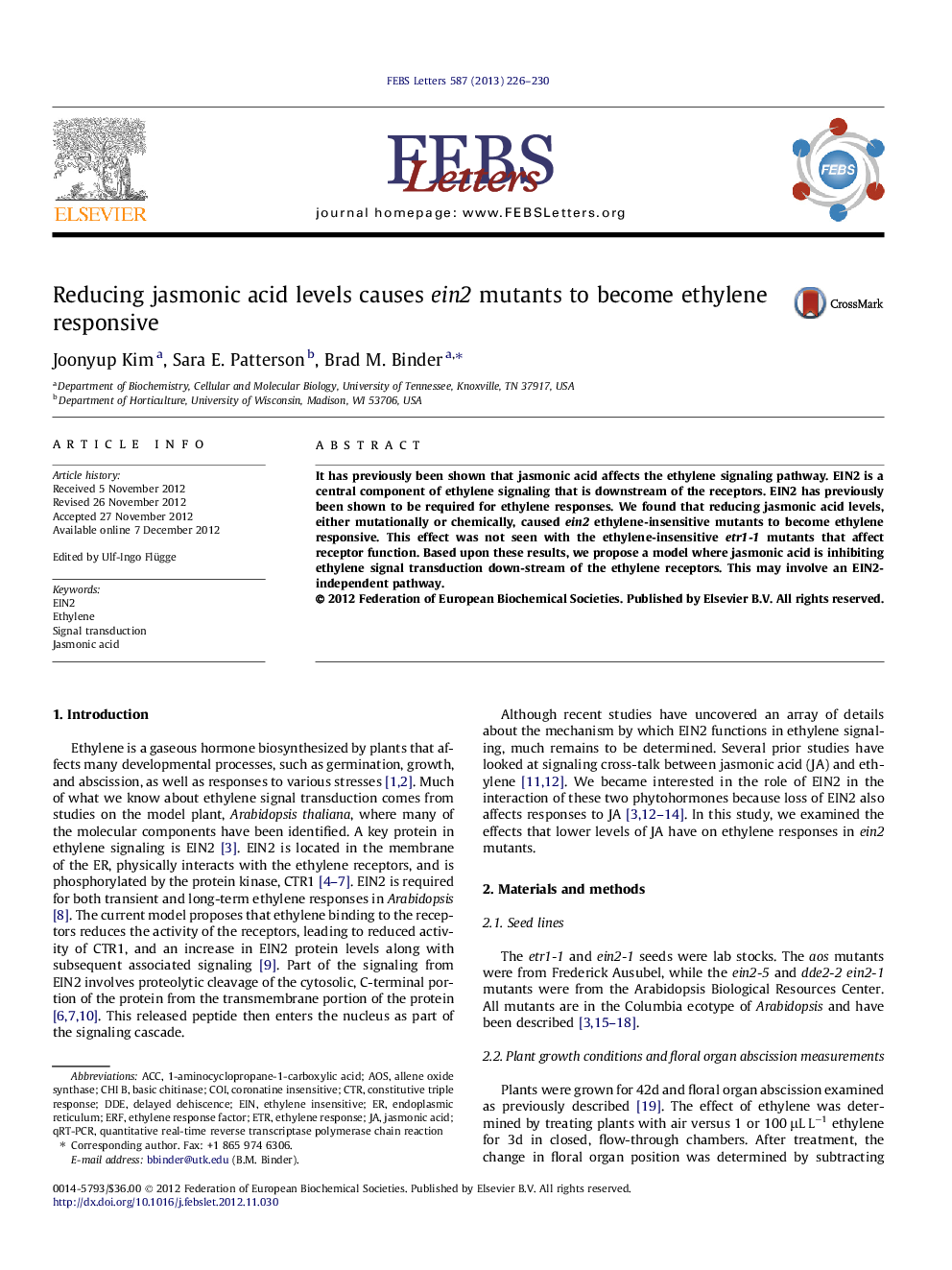 Reducing jasmonic acid levels causes ein2 mutants to become ethylene responsive