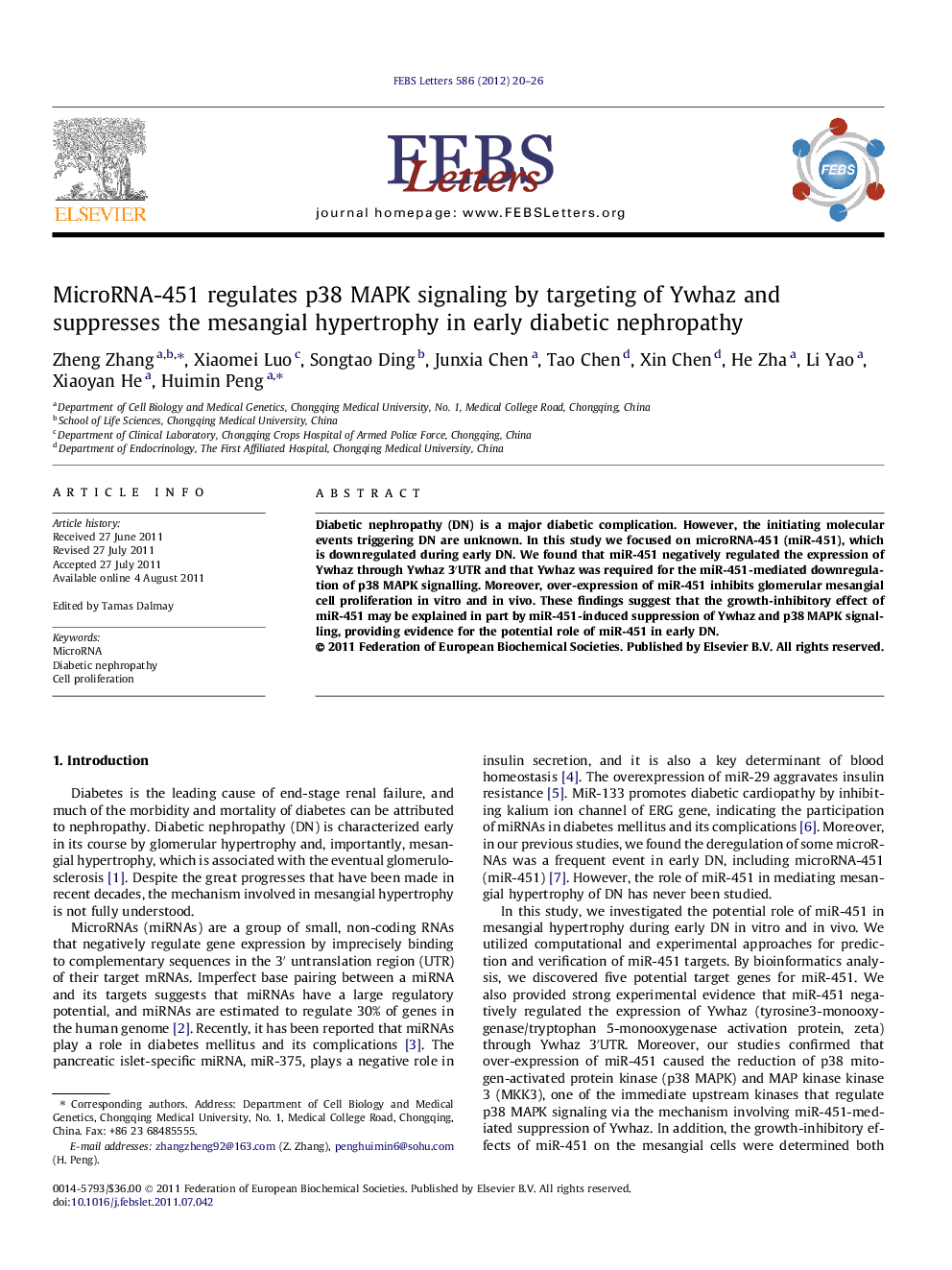 MicroRNA-451 regulates p38 MAPK signaling by targeting of Ywhaz and suppresses the mesangial hypertrophy in early diabetic nephropathy