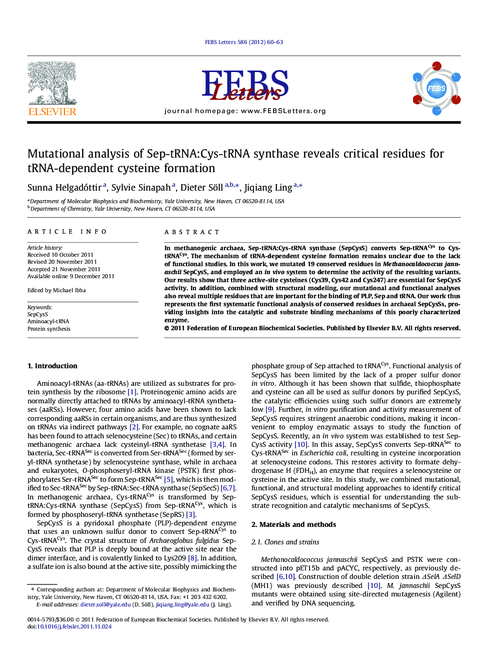 Mutational analysis of Sep-tRNA:Cys-tRNA synthase reveals critical residues for tRNA-dependent cysteine formation