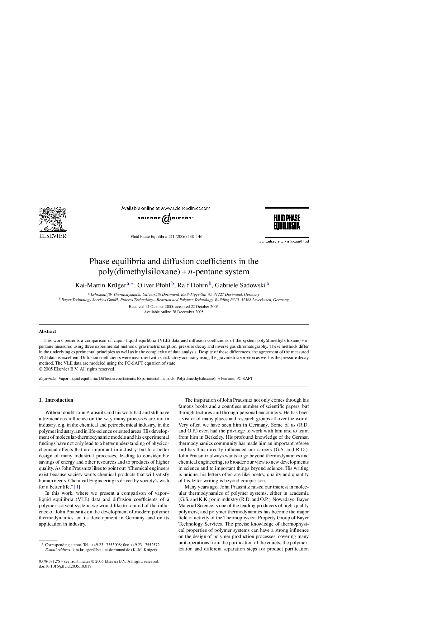 Phase equilibria and diffusion coefficients in the poly(dimethylsiloxane) + n-pentane system