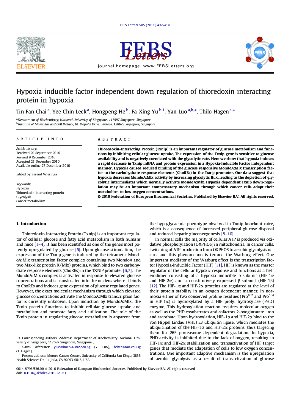 Hypoxia-inducible factor independent down-regulation of thioredoxin-interacting protein in hypoxia