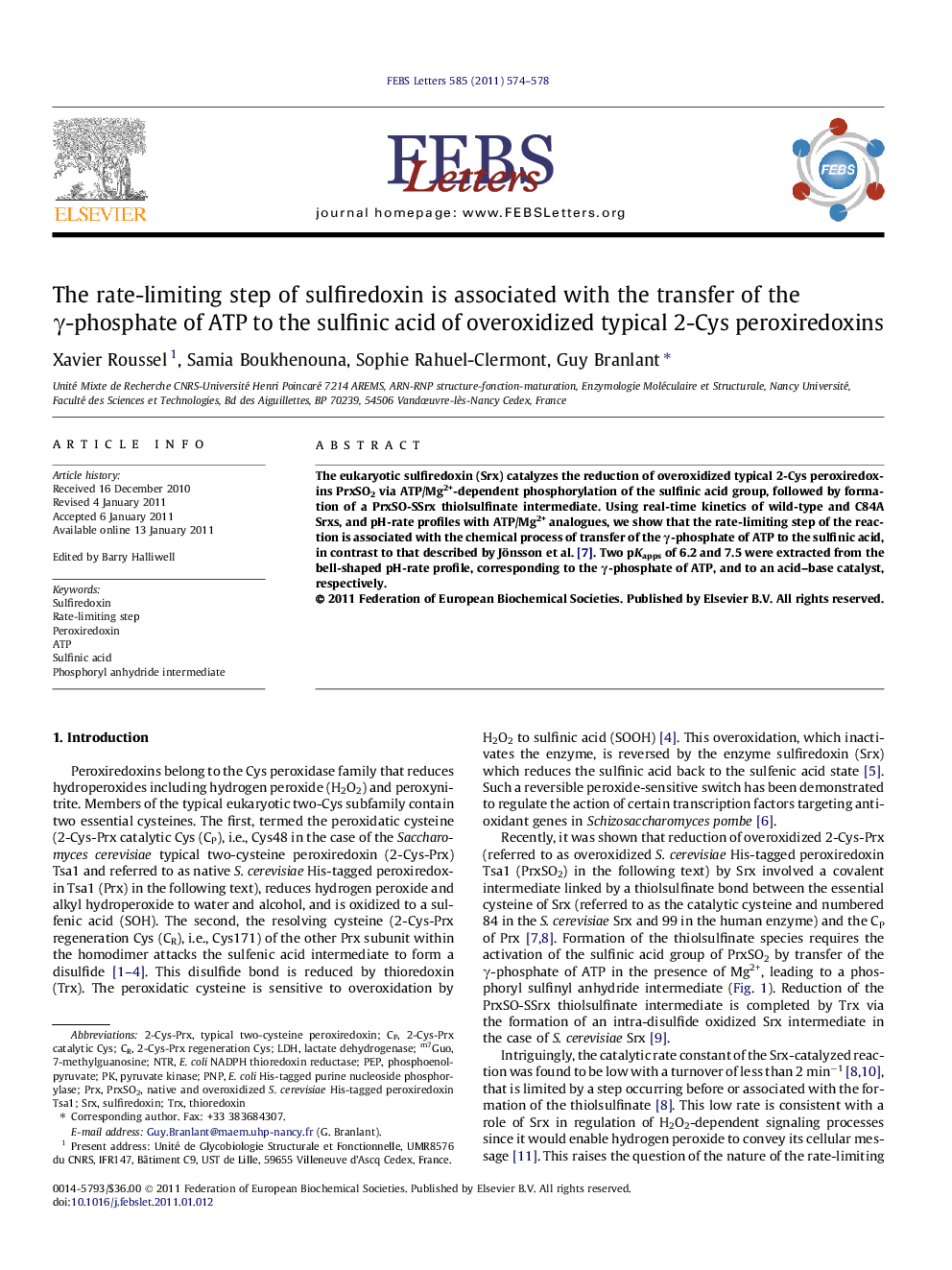 The rate-limiting step of sulfiredoxin is associated with the transfer of the γ-phosphate of ATP to the sulfinic acid of overoxidized typical 2-Cys peroxiredoxins