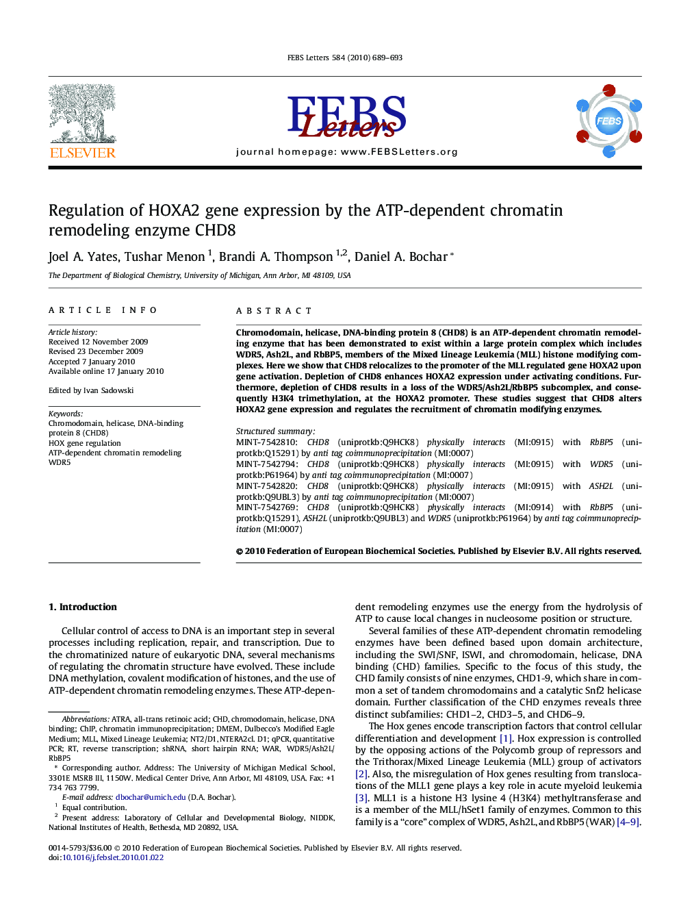 Regulation of HOXA2 gene expression by the ATP-dependent chromatin remodeling enzyme CHD8