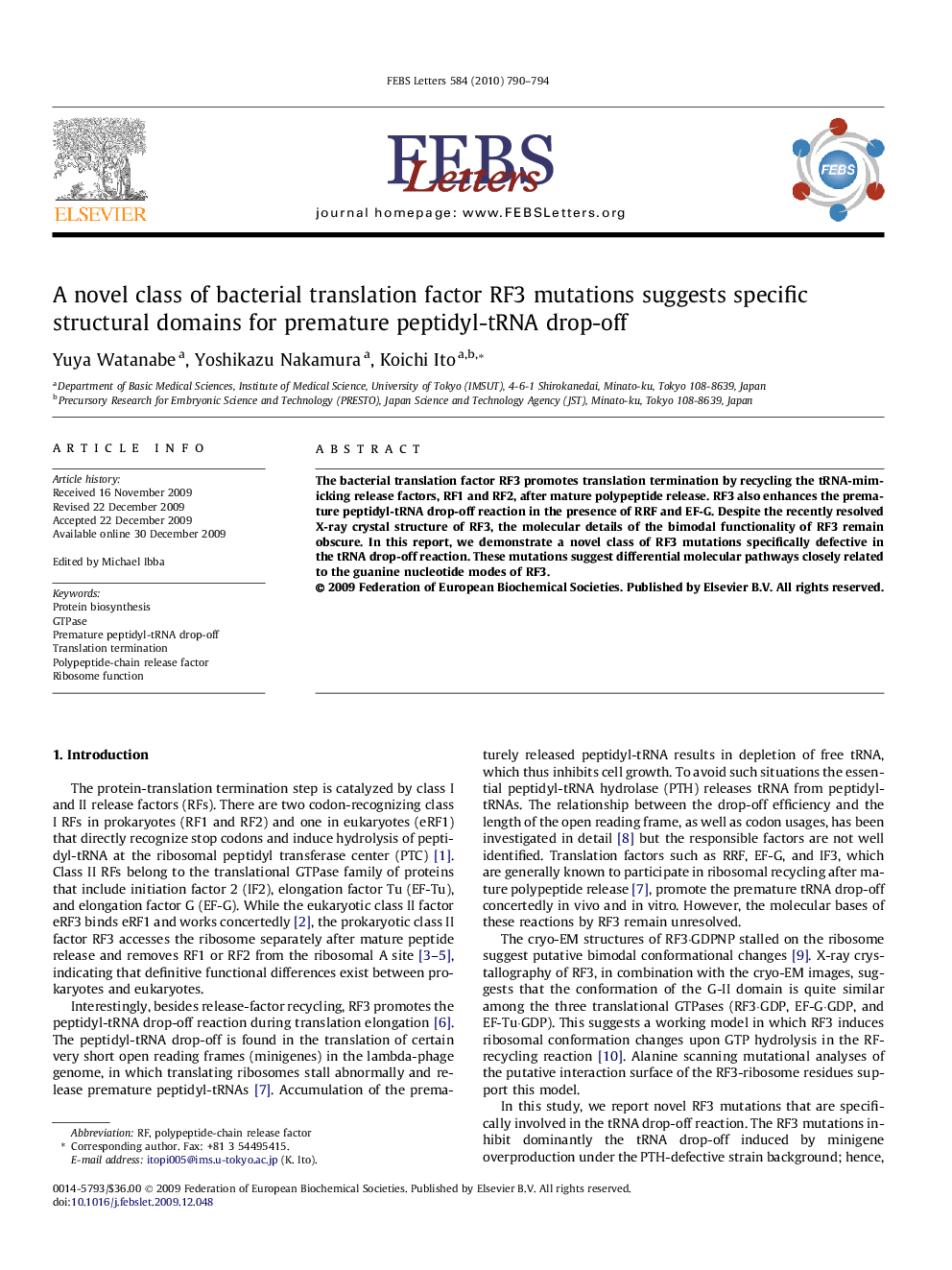 A novel class of bacterial translation factor RF3 mutations suggests specific structural domains for premature peptidyl-tRNA drop-off