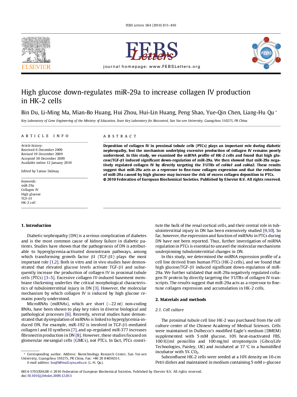 عکس صفحه اول مقاله: High glucose down-regulates miR-29a to increase collagen IV production in HK-2 cells High glucose down-regulates miR-29a to increase collagen IV production in HK-2 cells