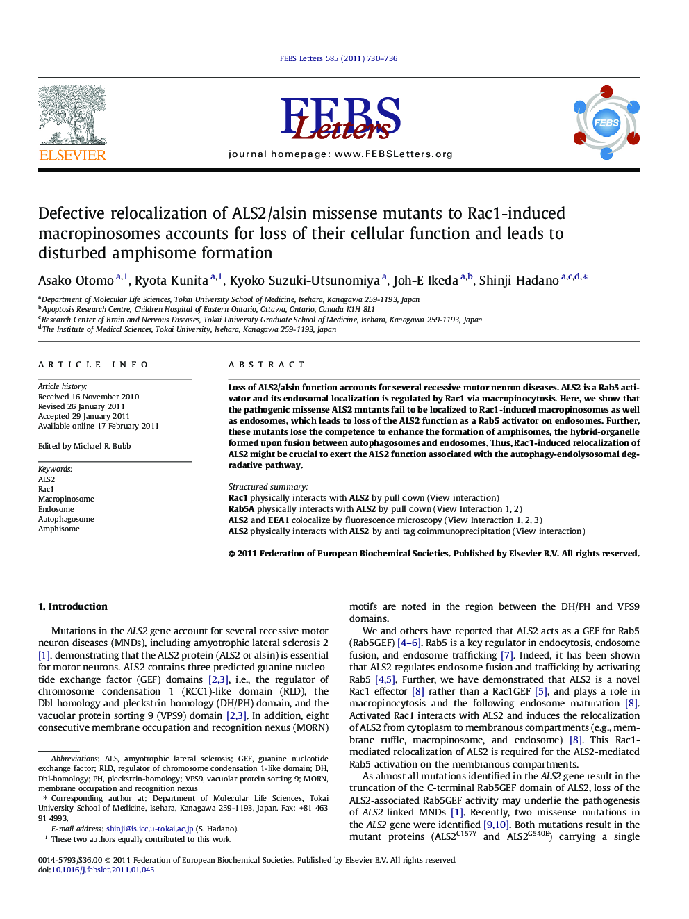 Defective relocalization of ALS2/alsin missense mutants to Rac1-induced macropinosomes accounts for loss of their cellular function and leads to disturbed amphisome formation