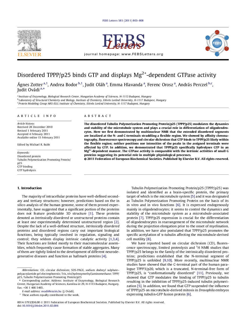 Disordered TPPP/p25 binds GTP and displays Mg2+-dependent GTPase activity