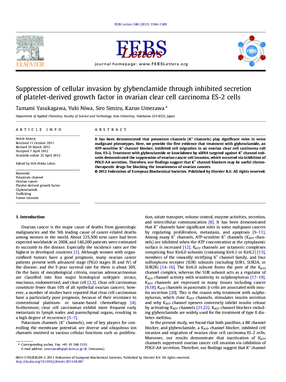 Suppression of cellular invasion by glybenclamide through inhibited secretion of platelet-derived growth factor in ovarian clear cell carcinoma ES-2 cells