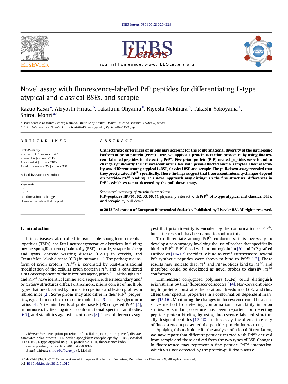 Novel assay with fluorescence-labelled PrP peptides for differentiating L-type atypical and classical BSEs, and scrapie