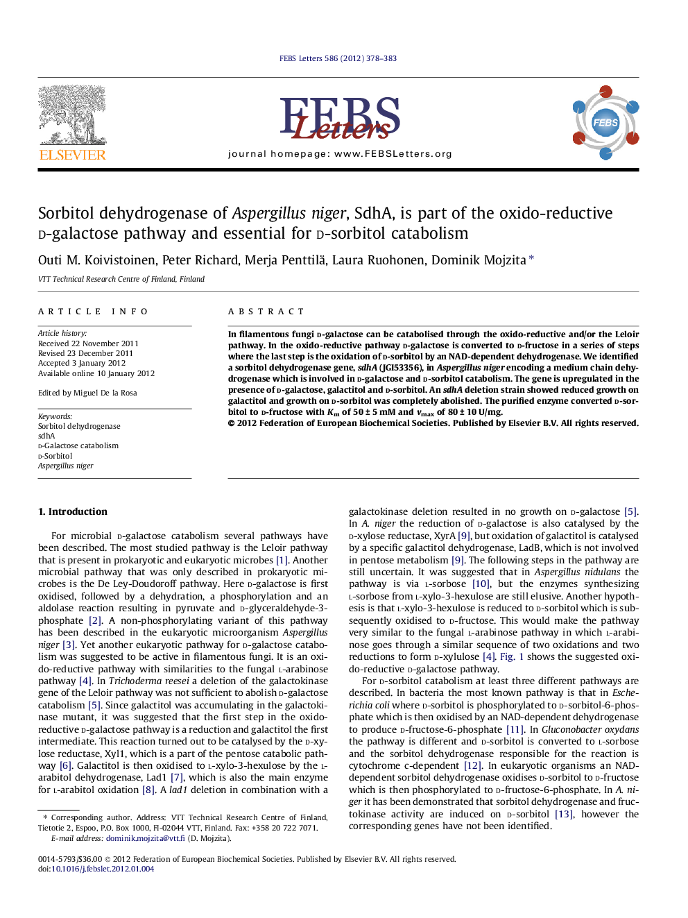 Sorbitol dehydrogenase of Aspergillus niger, SdhA, is part of the oxido-reductive d-galactose pathway and essential for d-sorbitol catabolism