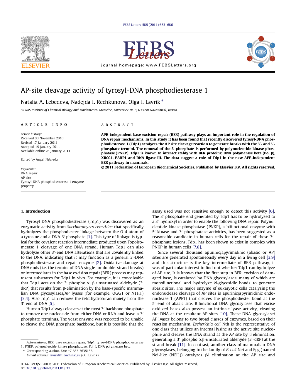 AP-site cleavage activity of tyrosyl-DNA phosphodiesterase 1