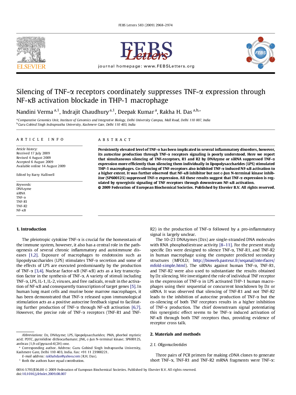 Silencing of TNF-α receptors coordinately suppresses TNF-α expression through NF-κB activation blockade in THP-1 macrophage