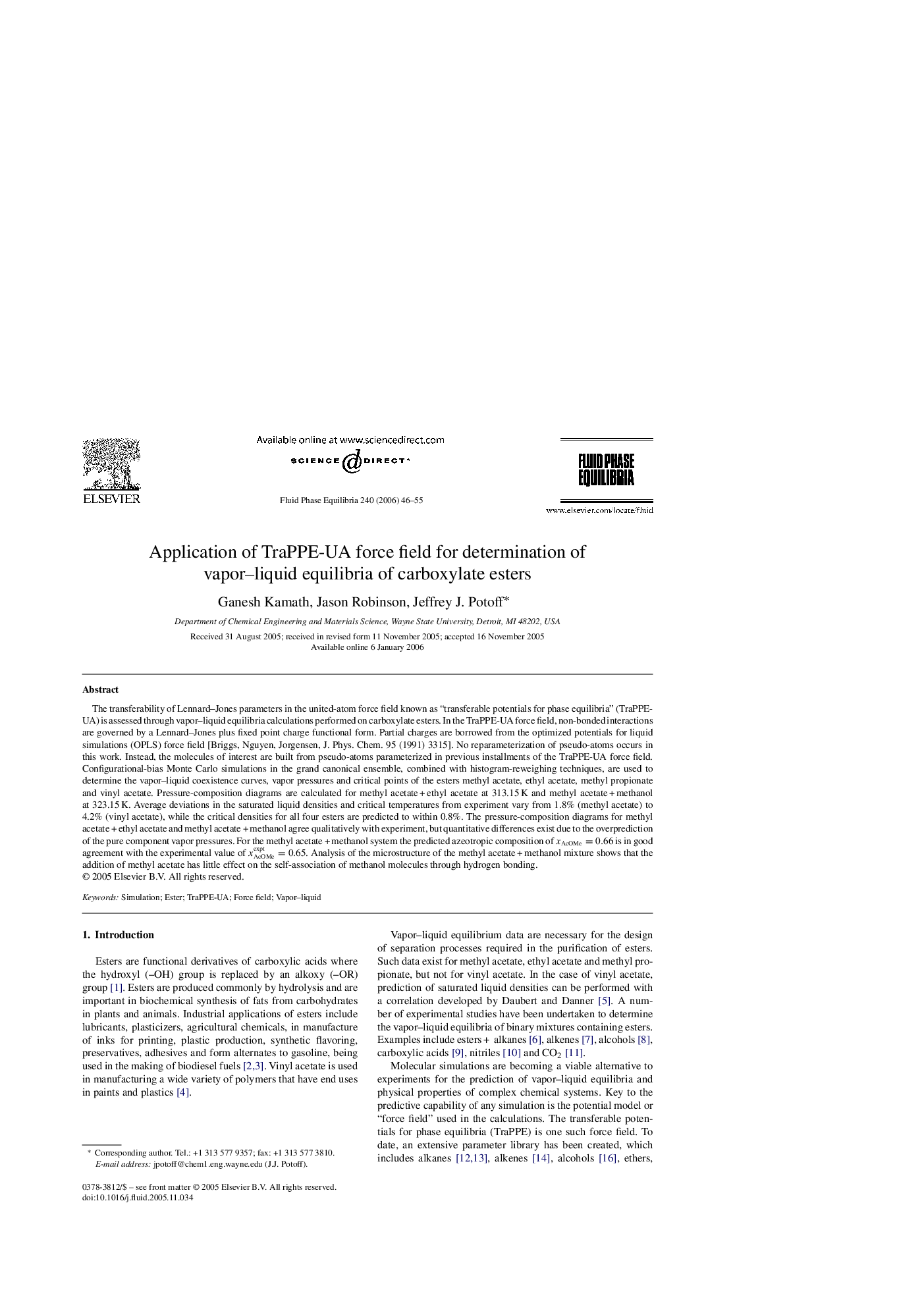 Application of TraPPE-UA force field for determination of vapor–liquid equilibria of carboxylate esters