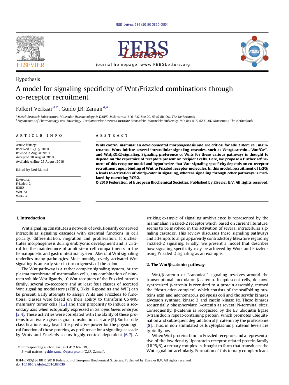 عکس صفحه اول مقاله: A model for signaling specificity of Wnt/Frizzled combinations through co-receptor recruitment A model for signaling specificity of Wnt/Frizzled combinations through co-receptor recruitment