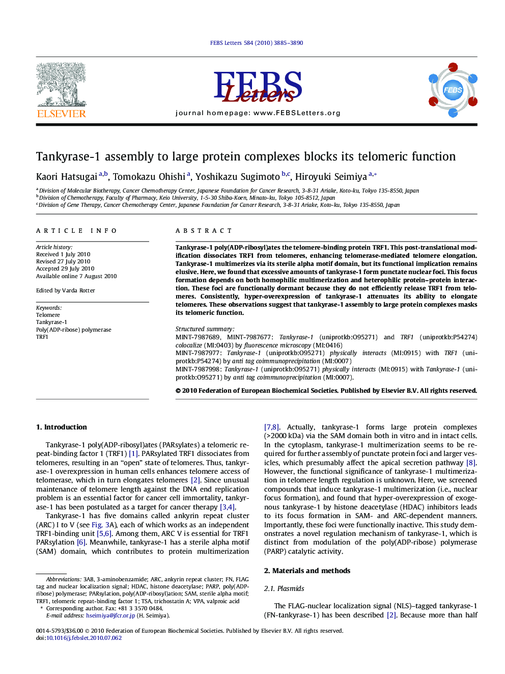 Tankyrase-1 assembly to large protein complexes blocks its telomeric function