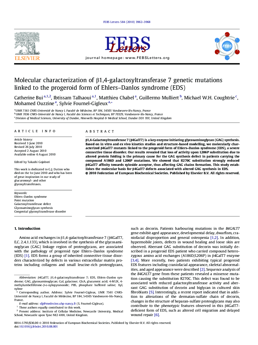 Molecular characterization of β1,4-galactosyltransferase 7 genetic mutations linked to the progeroid form of Ehlers–Danlos syndrome (EDS)