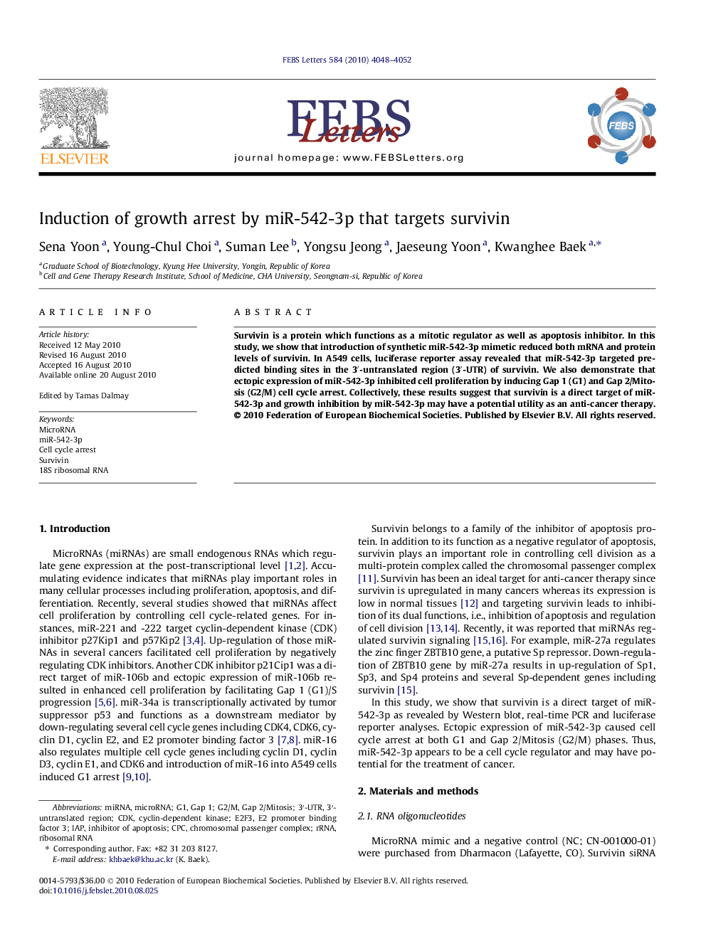 Induction of growth arrest by miR-542-3p that targets survivin