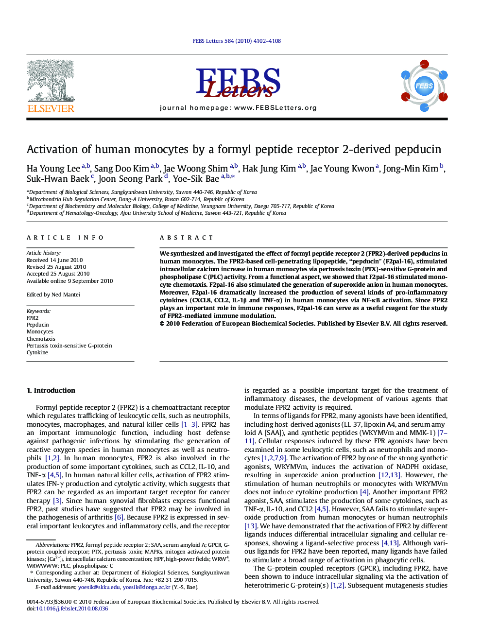 Activation of human monocytes by a formyl peptide receptor 2-derived pepducin