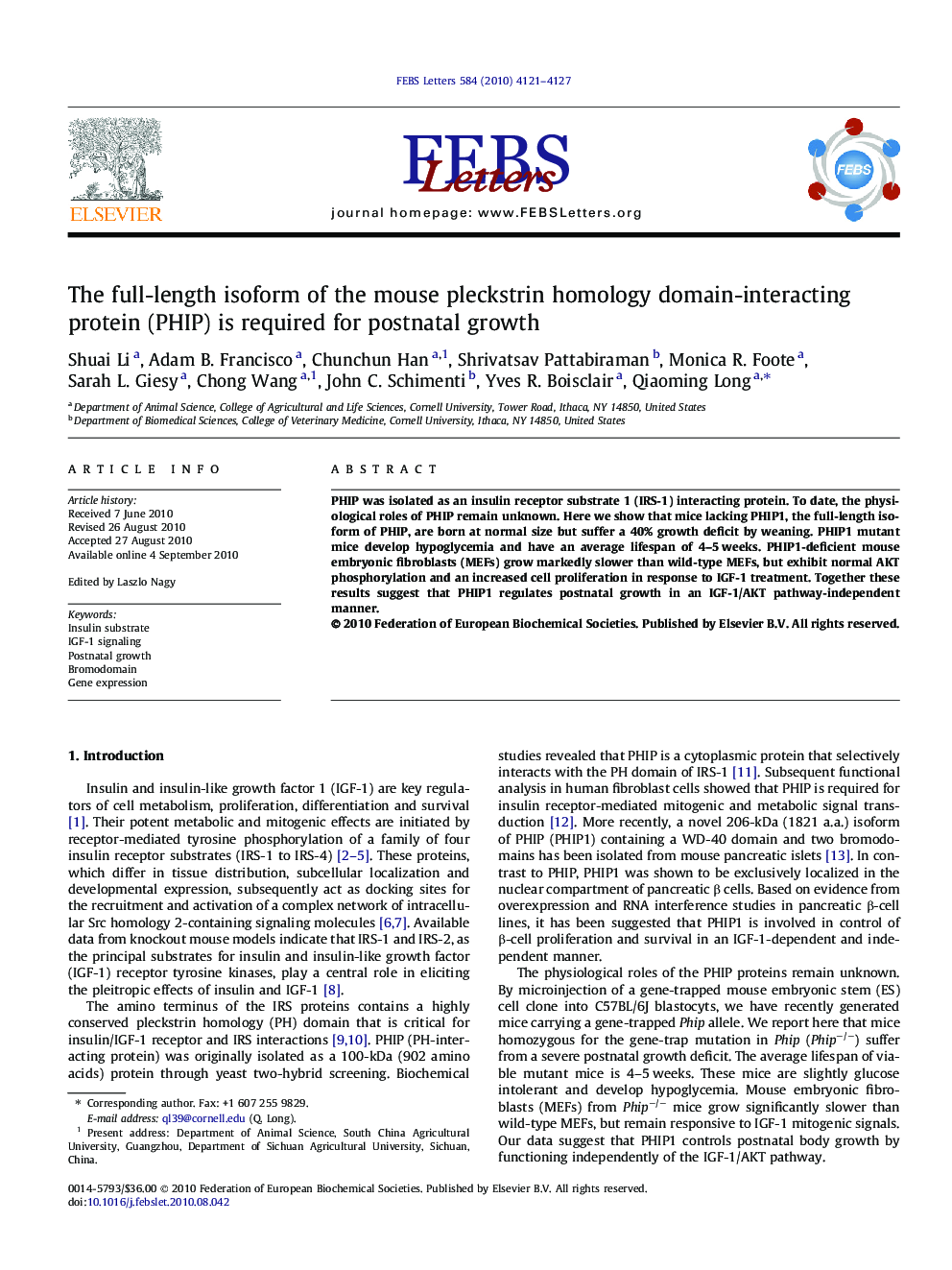 The full-length isoform of the mouse pleckstrin homology domain-interacting protein (PHIP) is required for postnatal growth