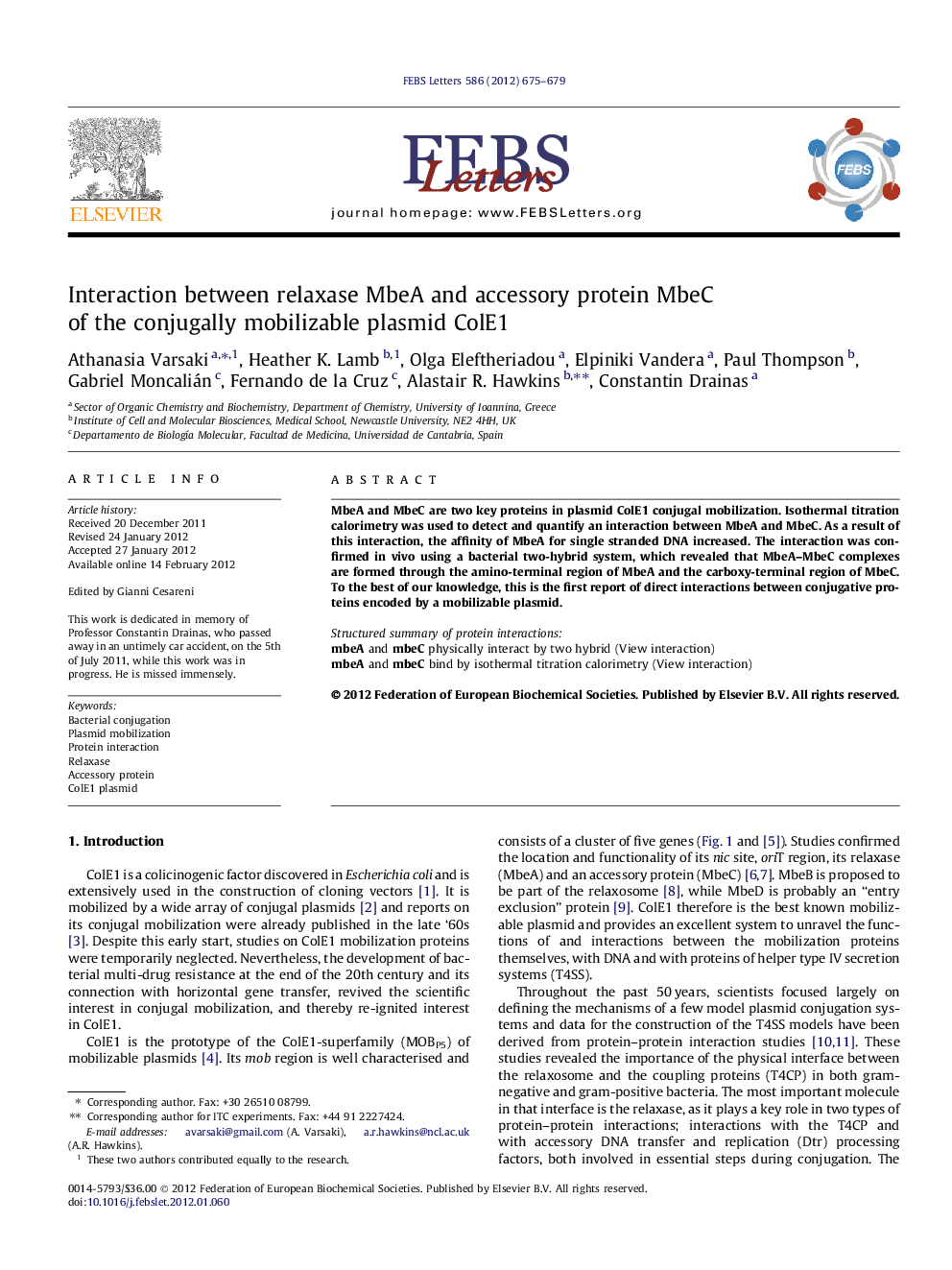 Interaction between relaxase MbeA and accessory protein MbeC of the conjugally mobilizable plasmid ColE1