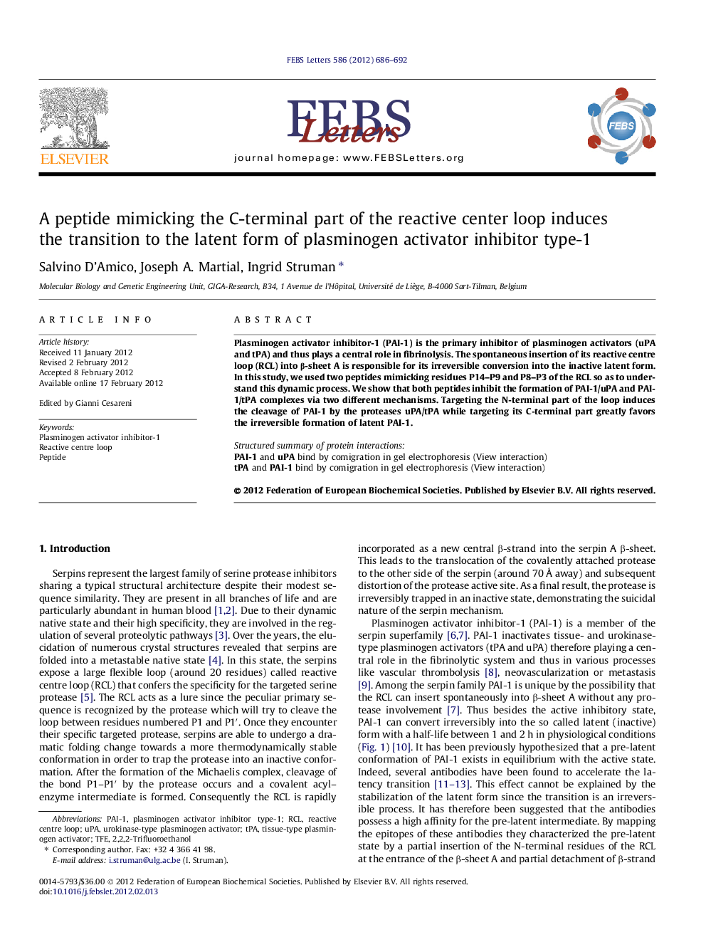 A peptide mimicking the C-terminal part of the reactive center loop induces the transition to the latent form of plasminogen activator inhibitor type-1