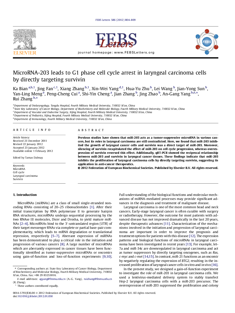 MicroRNA-203 leads to G1 phase cell cycle arrest in laryngeal carcinoma cells by directly targeting survivin