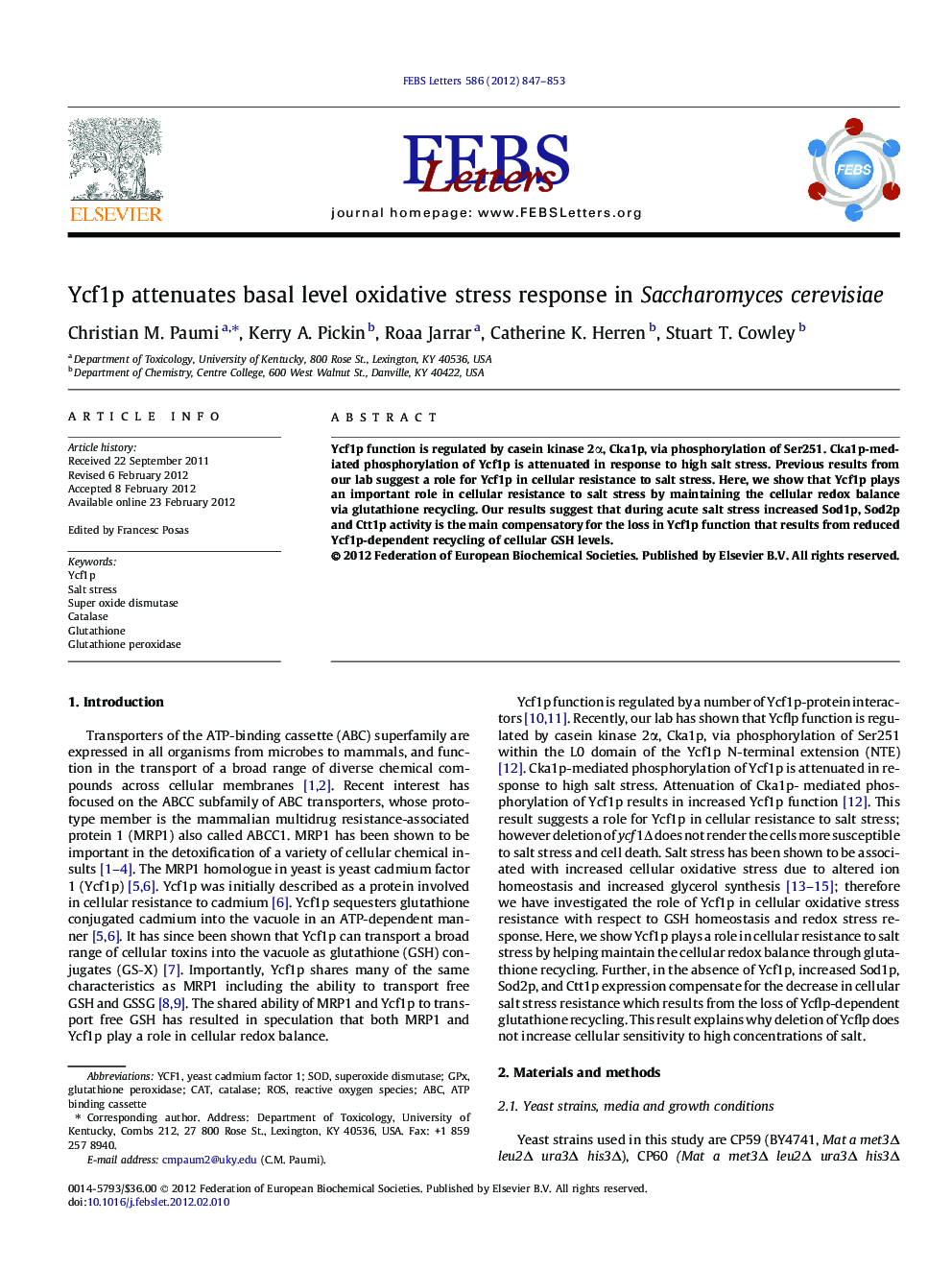 Ycf1p attenuates basal level oxidative stress response in Saccharomyces cerevisiae