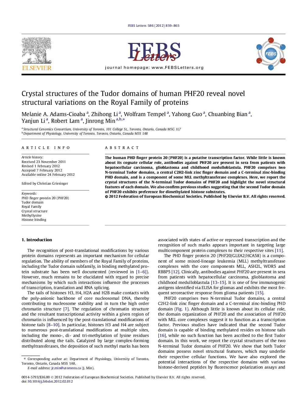 Crystal structures of the Tudor domains of human PHF20 reveal novel structural variations on the Royal Family of proteins